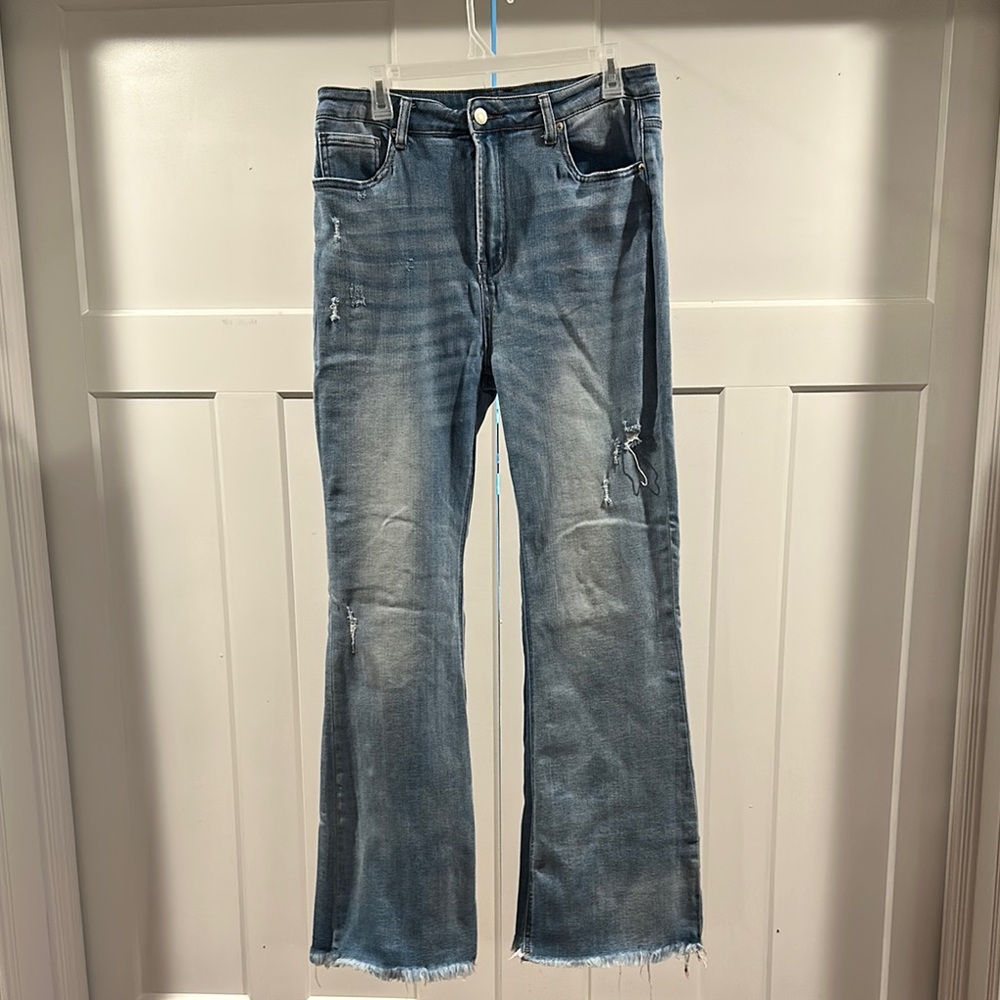 Blue Flare Wide Leg Jeans with Distressed Details